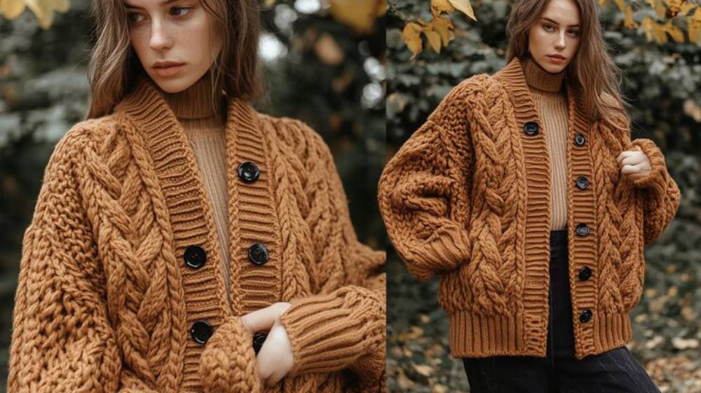 A person wearing an oversized, textured orange cardigan with black buttons, paired with a tan top, surrounded by autumn foliage.