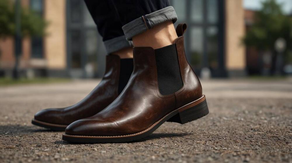 Close-up of brown leather Chelsea boots worn with cuffed black jeans, set against a blurred urban background.