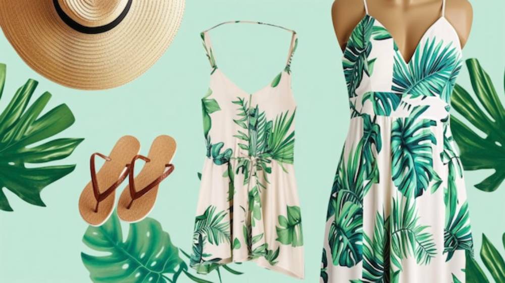 Tropical-themed outfit featuring a leafy dress, matching top, sandals, and a wide-brimmed straw hat against a mint green background.