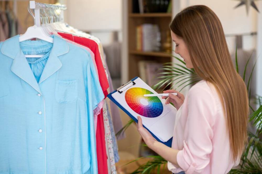 A woman in a pastel blouse examines a colorful color wheel while standing in front of hanging clothes in a boutique.