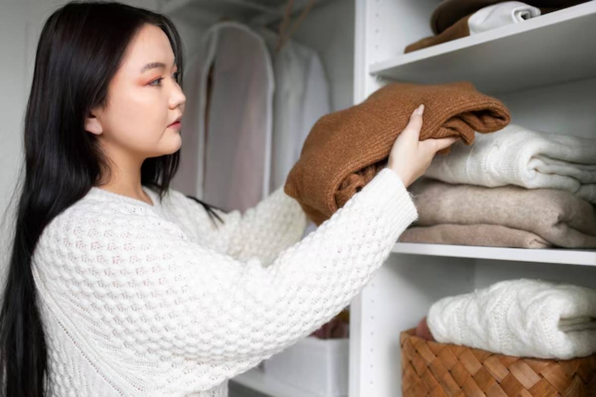 A person in a cozy white sweater organizes neatly folded blankets and sweaters on shelves in a bright closet.