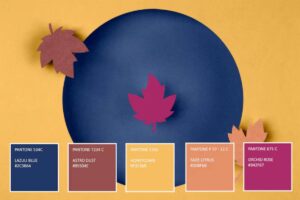 Color palette featuring five Pantone shades with leaves on a dark blue circular background against a yellow backdrop.