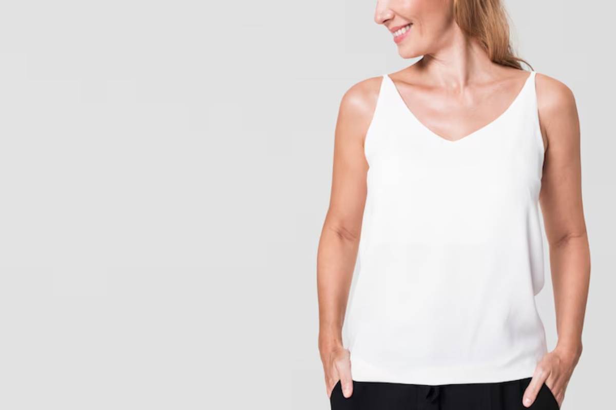 A woman wearing a stylish white tank top, standing against a light gray background, hands casually resting at her sides.
