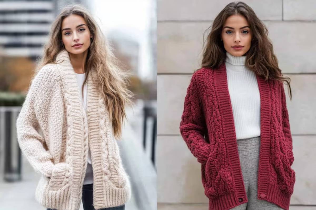 Two women model cozy cardigans: one cream with large pockets, and the other in burgundy, paired with a white turtleneck.