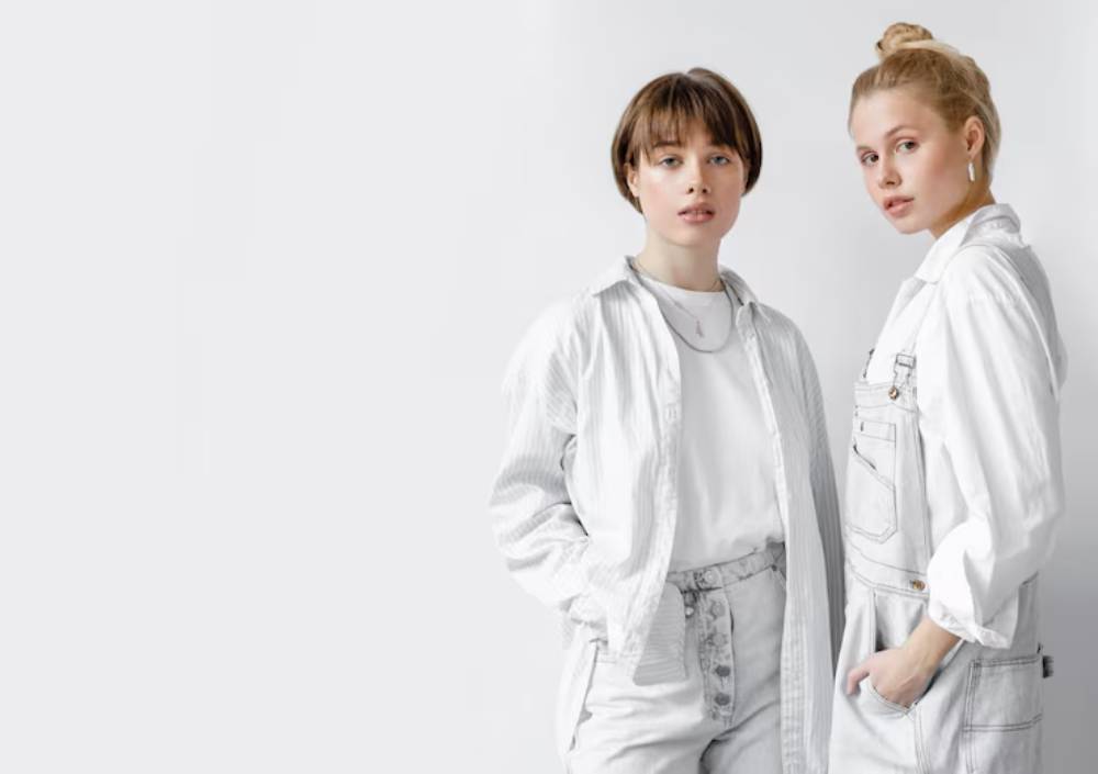 Two women in stylish white outfits, one in a button-up shirt and the other in denim overalls, pose against a minimalist background.