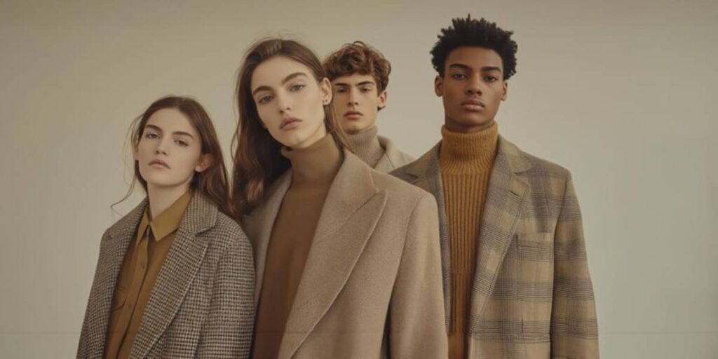 Four models stand together, showcasing stylish layering in neutral tones, against a soft beige background.