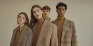 Four models stand together, showcasing stylish layering in neutral tones, against a soft beige background.