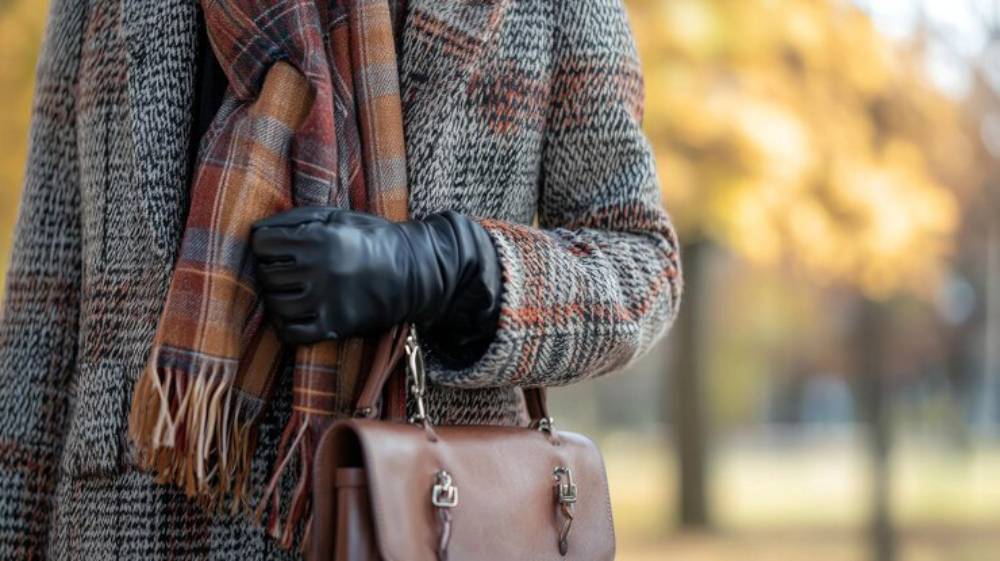A person in a stylish plaid scarf and patterned coat holds a brown handbag and wearing lather gloves in hand, surrounded by soft-focus autumn trees.