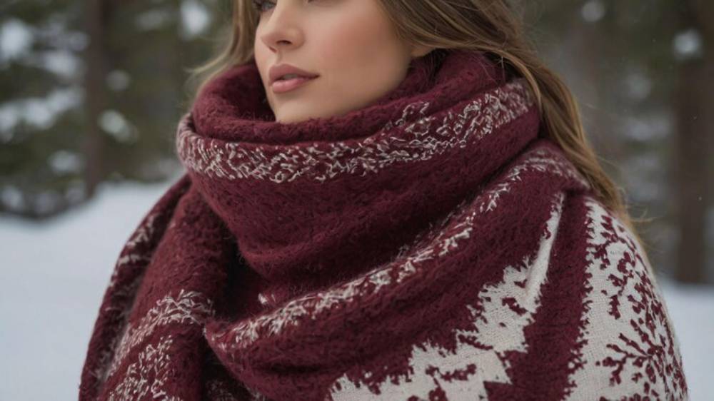 A person wrapped in a cozy maroon scarf with white intricate patterns, standing in a snowy, forested outdoor setting.