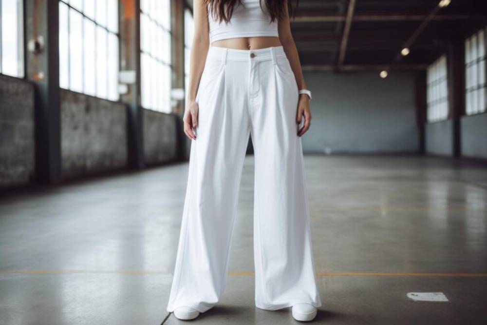 A person stands in a spacious industrial area, wearing trendy white wide-leg pants and a matching crop top.