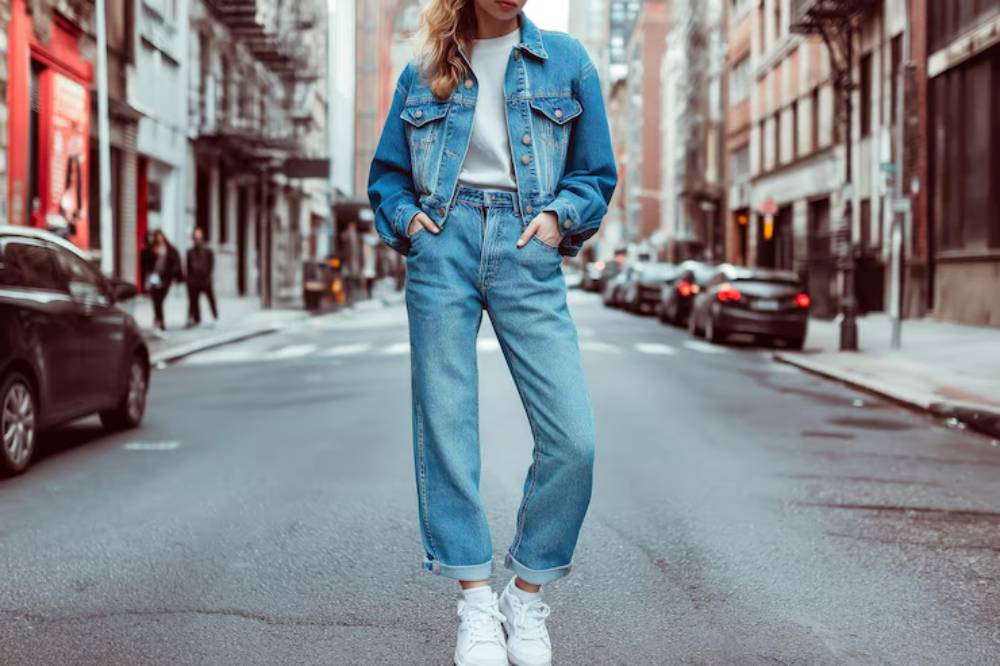 A woman in a denim jacket and high-waisted jeans stands confidently on a city street, showcasing a casual, stylish outfit.