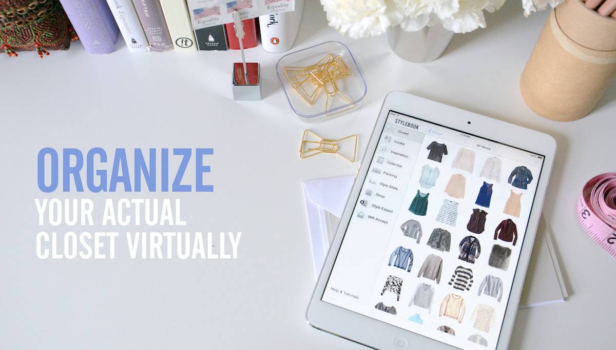An iPad displaying a virtual closet app, surrounded by stationery and books, with text promoting virtual closet organization.