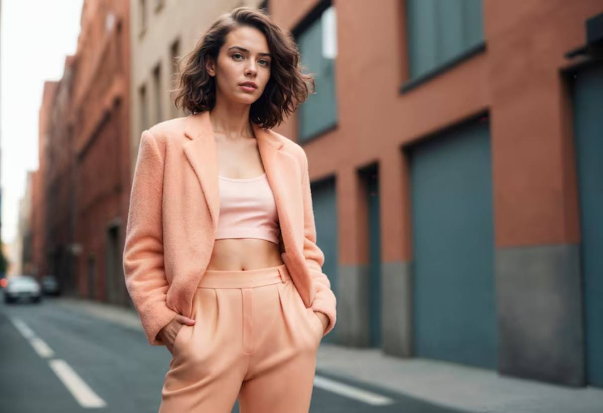 A woman poses confidently in a stylish peach suit, standing on a city street with colorful buildings in the background.