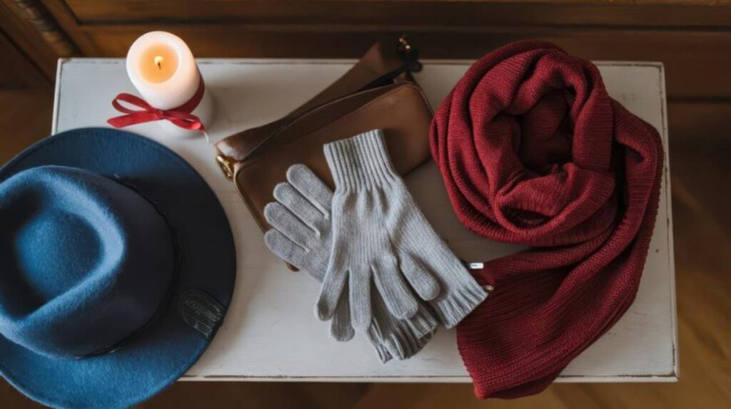 A cozy scene featuring a blue hat, red scarf, gray gloves, a brown bag, and a candle with a red ribbon on a wooden tabletop.