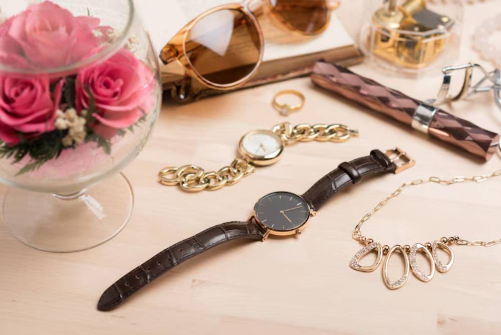 A stylish flatlay featuring a watch, sunglasses, jewelry, a bouquet of pink roses, and a perfume bottle on a wooden surface.